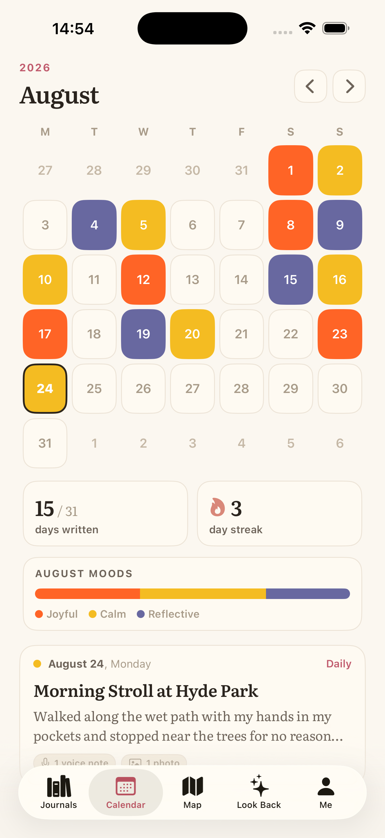 The ahval calendar view, a month grid coloured by mood