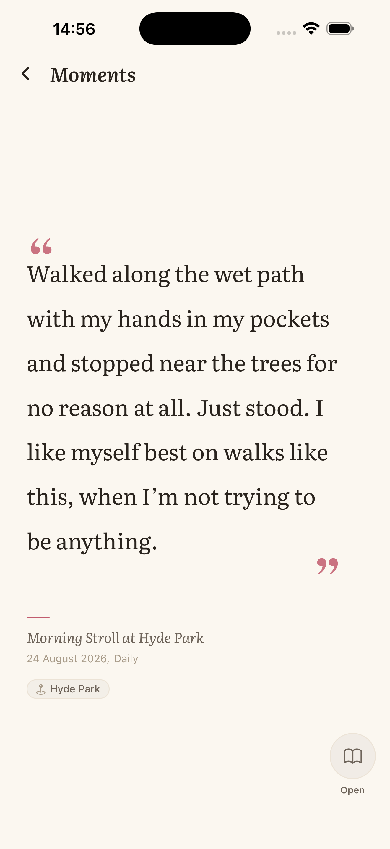 The ahval Moments view showing a full-screen excerpt
